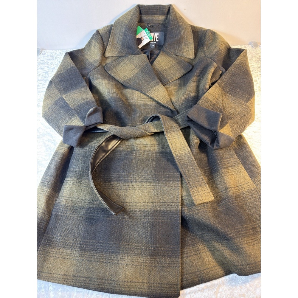 Frye Women's Coat XL NWT Plaid Belted Trench Faux Leather Trim Long Jacket